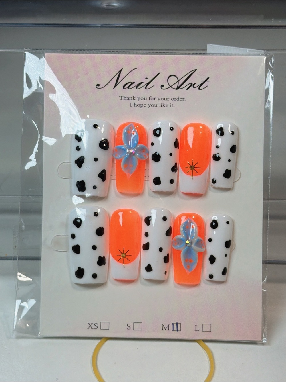 Nail Art Press-On Set - White & Neon Orange with Floral Accent